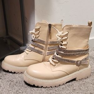 CAPE ROBBIN Bone Combat Boots With diamond Studded Stacked Ankle Strap